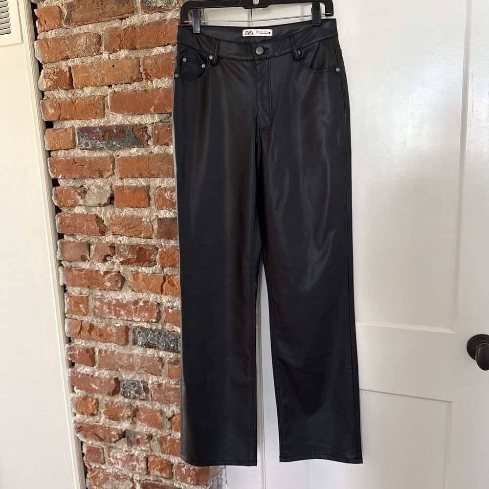 Zara Women’s Size 6 Black Faux Leather High Rise Straight Wide Leg Pants Soft